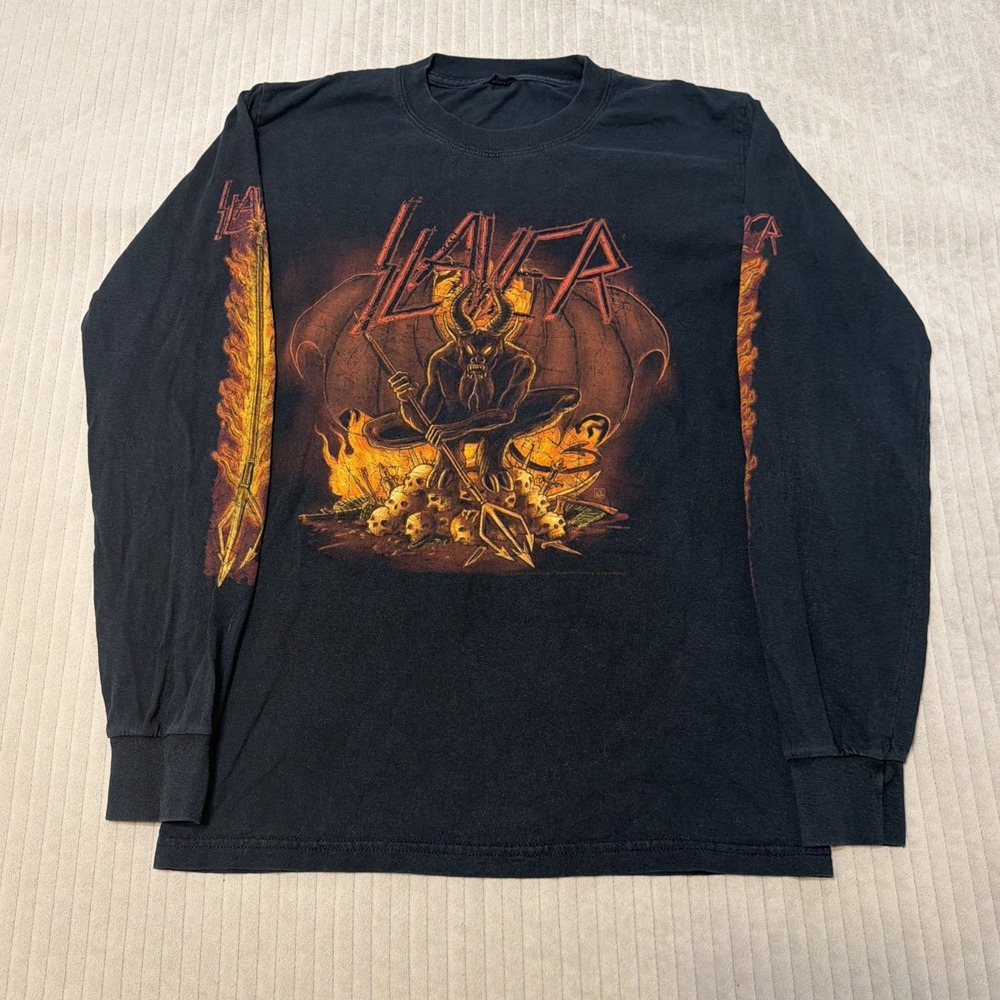 Vintage Slayer Shirt Mens Small Y2K 2006 Long Sleeve Flames Skull Metal Rock Tee